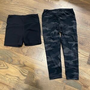 Athleta Girl black camo leggings and black shorts, size 8-10